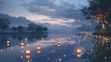 A serene scene of a tranquil lake surrounded by lit lanterns, reflecting the calmness and peace that comes with Ramadan.