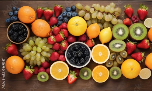 A vibrant and colorful array of various fresh fruits neatly arranged on a wooden surface  showcasing nature s palette. AI generation