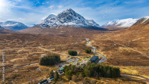 UK, Scotland, Bridge of Orchy, Aerial view of Kingshouse Hotel withBuachaille Etive Mor mountain in background photo