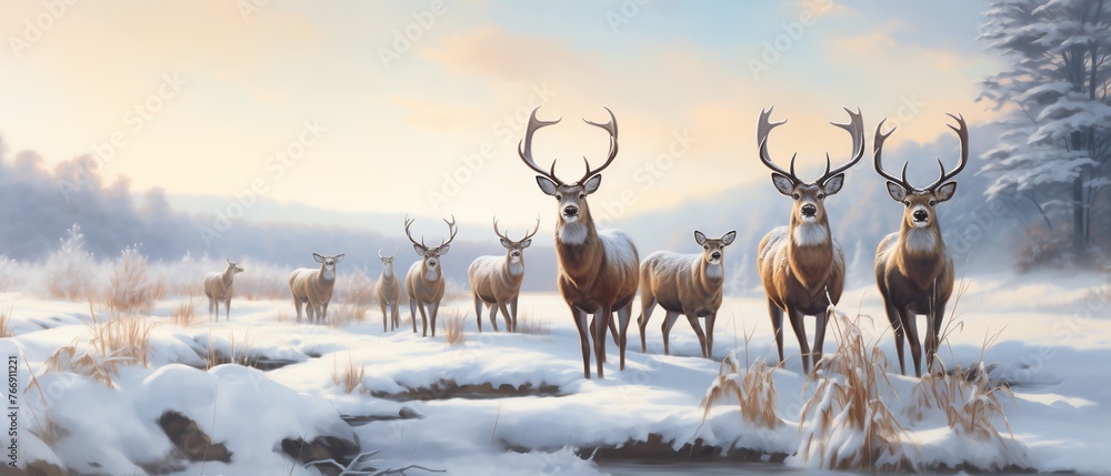 a group of deer in the snow a group of deer in the snow