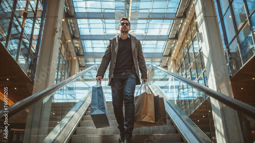 Confident man with sunglasses holding shopping bags while walking on an escalator © Fxquadro