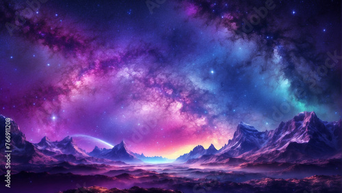 A purple and blue starry night sky with a mountain range in the foreground © Top