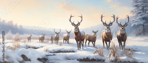 a group of deer in the snow
