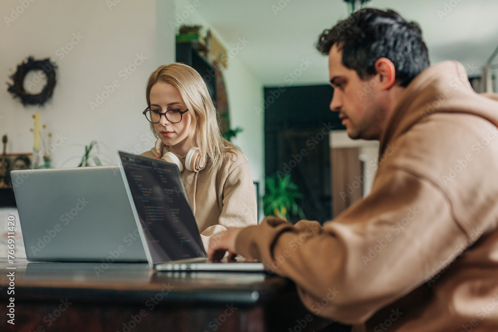 Software programmers working on laptop at home office Software programmers working on laptop at home office