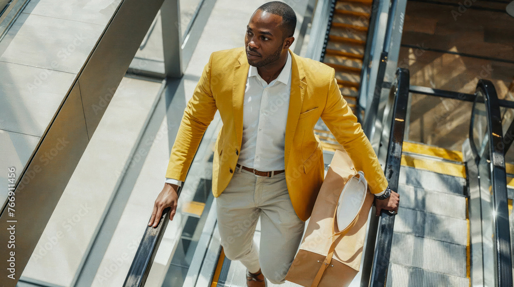 Confident African American man in a stylish yellow suit holds shopping bags on an escalator in a shopping center