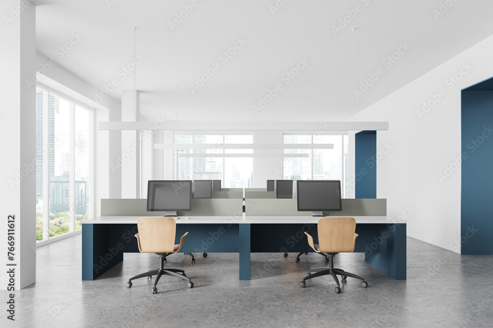 Fototapeta premium White coworking office interior with blue tables