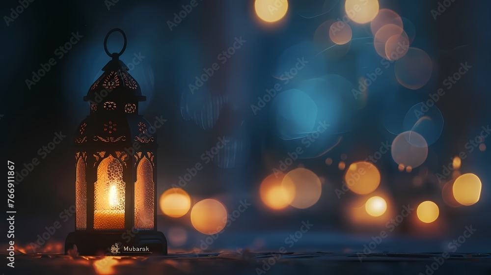 A serene scene featuring a simplistic portrayal of a lantern, its gentle light illuminating the surrounding darkness, while the phrase "Ramadan Mubarak" gently appears within its silhouette. - obrazy, fototapety, plakaty 