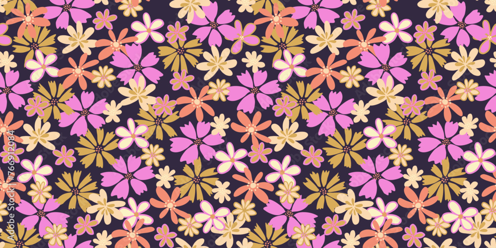 Colorful seamless pattern with abstract shapes groovy flowers. Vector hand drawn. Cute ditsy meadow printing on a black background. Template for designs, childish textiles, fabric
