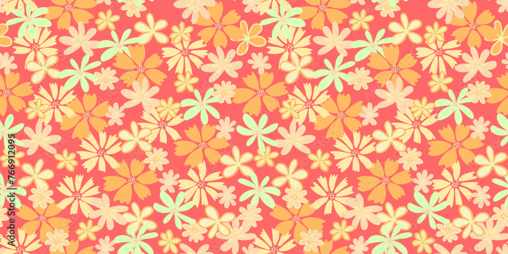Abstract creative groovy flowers seamless pattern on a red background. Vector hand drawn sketch shapes cute ditsy meadow floral printing. Template for designs, notebook cover, childish textiles