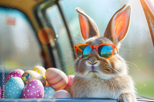 Cute Easter bunny with sunglasses in a car filled with Easter eggs, symbolizing joy and celebration during the holiday season.
