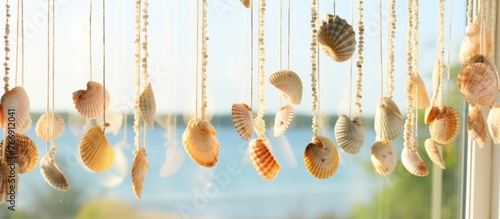Seashells dangle on strings by a window facing the ocean, creating a calming underwater art display. The glass reflects water, while the metal adds a touch of science to the macro photography event