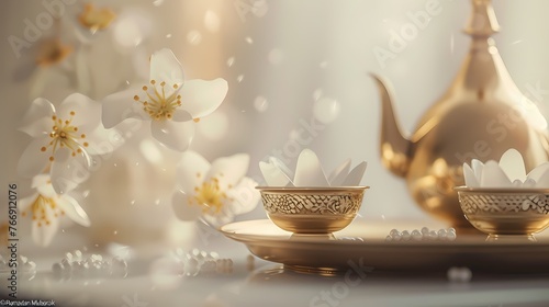 A serene scene capturing the golden elegance of "Ramadan Mubarak" against a backdrop of immaculate white, evoking a sense of purity and celebration.