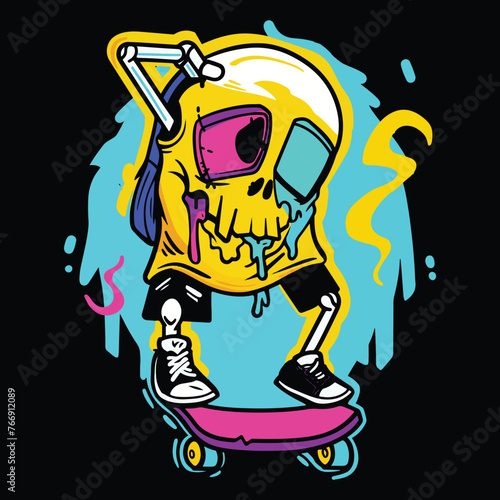 Cool graffiti style comic illustration of skull on skateboard in street style fashion