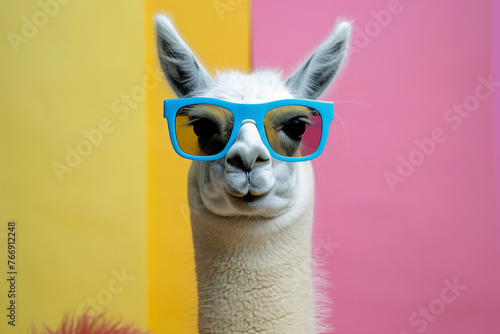A llama wearing sunglasses and a pink background. The llama is smiling and looking at the camera. Funny llama wearing sunglasses in studio with a colorful and bright background.