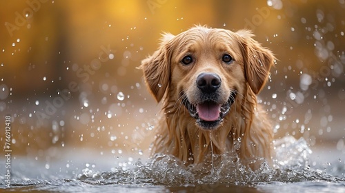 A joyful dog playing in a pond. AI generate illustration