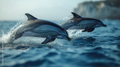 Dolphins leaping and performing acrobatic maneuvers in the ocean. AI generate illustration