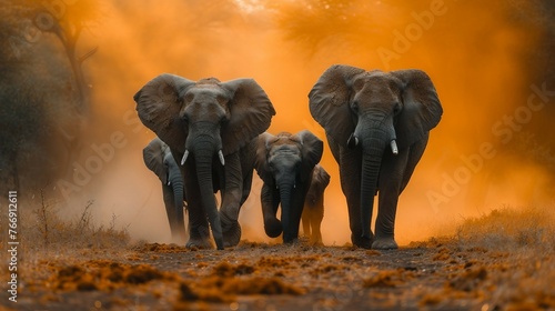 A family of elephants moving together in a dusty African landscape. AI generate illustration