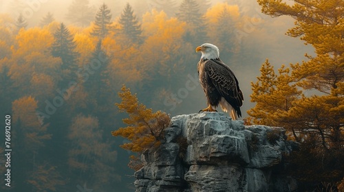 An eagle perched on a cliff's edge, surveying its surroundings. AI generate illustration © PandaStockArt