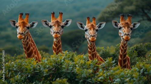 A group of giraffes peacefully grazing on treetops. AI generate illustration