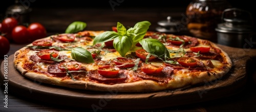 A delicious pizza topped with gooey pizza cheese is displayed on a wooden cutting board on the table, ready to be served. Fast food staple made with baked goods and ingredients