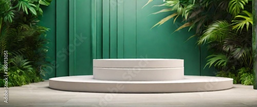 Contemporary White Podium Stage Rack front view focus with Green Stone and Tropical Leaves Background