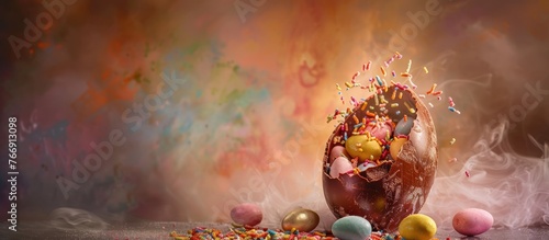 A photograph capturing a large fractured chocolate Easter egg filled with small candy-coated eggs in assorted pastel hues.