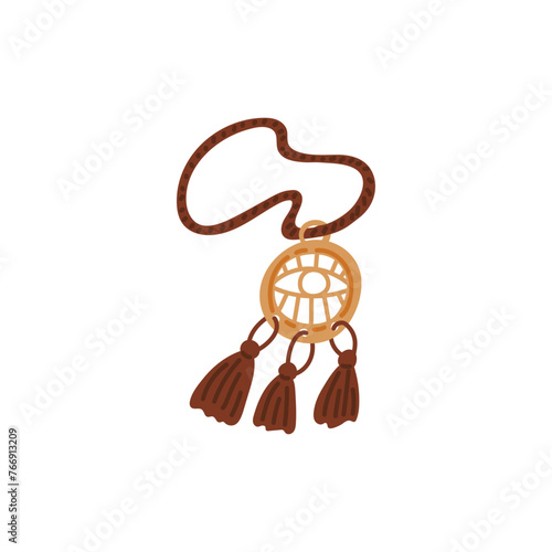 Vintage lace amulet with eye and tassels on the rope, vector Boho style ethnic pendant accessory, magic antique souvenir