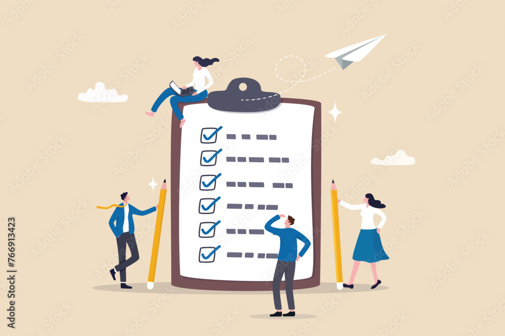 Checklist to complete project task, accomplish work checkmark, todo list clipboard or project status report, plan to finish work concept, business people holding pencil complete task checkbox. - obrazy, fototapety, plakaty 