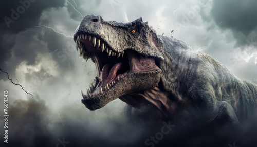 A large T-Rex is shown in a scene of dust and debris, with its mouth open