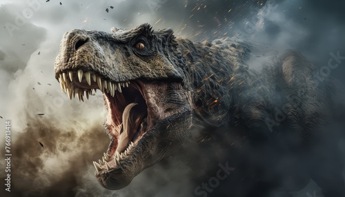 A large T-Rex is shown in a scene of dust and debris, with its mouth open © terra.incognita
