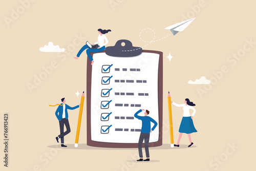 Checklist to complete project task, accomplish work checkmark, todo list clipboard or project status report, plan to finish work concept, business people holding pencil complete task checkbox. © Nuthawut