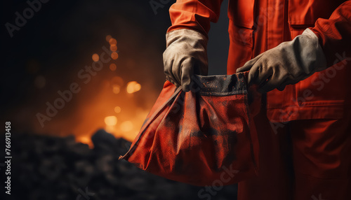 A man in an orange jumpsuit is holding a red bag