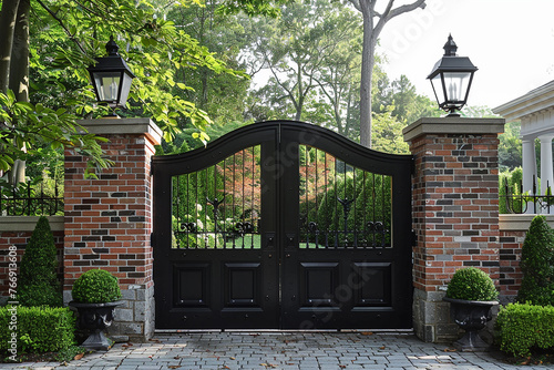 A classic colonial gate featuring timeless brickwork and elegant lanterns.