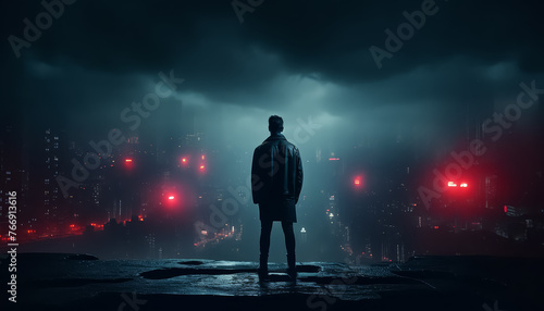 A man stands in the rain, looking out over a city