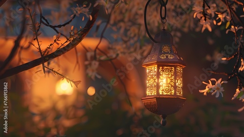 A serene depiction of a classic lantern, where the phrase "Ramadan Mubarak" is skillfully woven into the lantern's handle, blending seamlessly with the overall design.