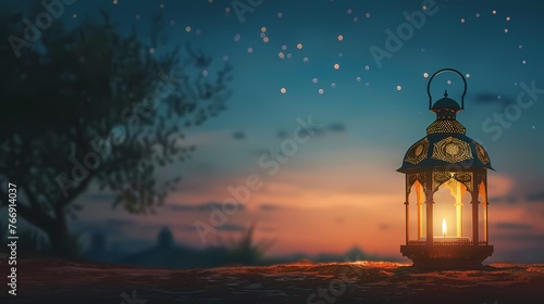 A serene AI image featuring a minimalist depiction of a traditional lantern, with the words "Ramadan Mubarak" elegantly integrated into the design against a calm night sky.