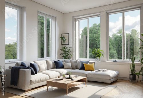 Illustration of modern nordic livingroom with big window colorful background