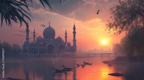 A radiant sunrise over a mosque  capturing the serenity and hope that comes with the dawn of a new day during Ramadan.
