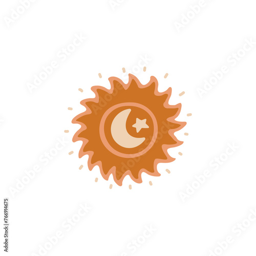 Witchcraft logo: crescent, star, sun. Isolated background.