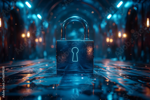 a futuristic and modern royal blue lock, with tchnology backgorund, to be used in a presentation about data protection photo