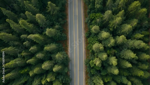 Aerial snapshot capturing the graceful twists of a roadway nestled in a verdant forest after a rainfall Generative AI