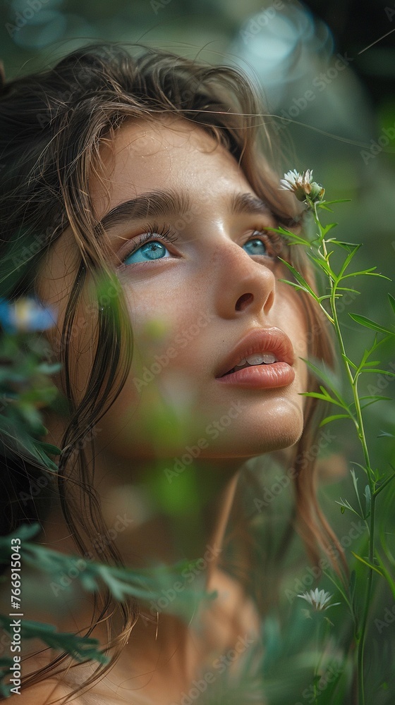 Close-up of a young woman with blue eyes amidst greenery. Generated AI. Close-up of a young woman with blue eyes amidst greenery. Generated AI.