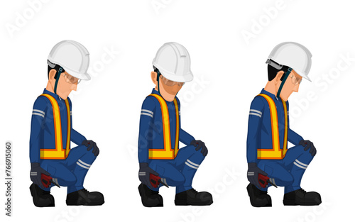 set of workers are looking something on the floor