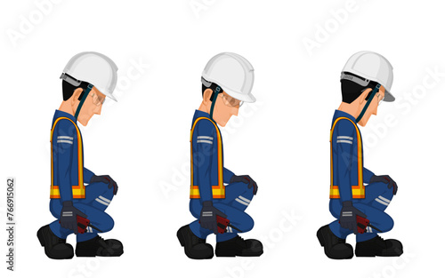 set of workers are looking something on the floor