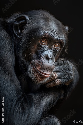 Pensive chimpanzee, hand on chin, dark background.  Wildlife conservation, educational material. AI Generated. © Mariana