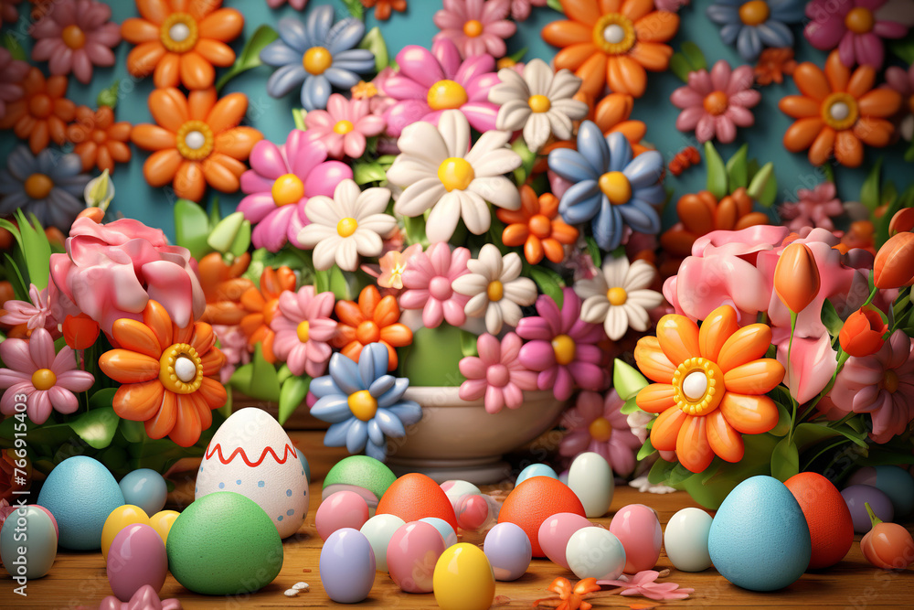 Generative ai on theme celebration holiday Easter with bright eggs are main accessory at abstract background - obrazy, fototapety, plakaty 