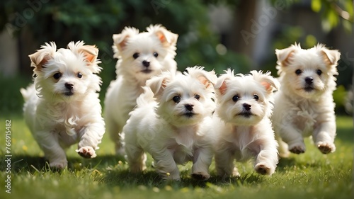 Maltese lapdog pups, all white and fluffy, are playing and running across a verdant lawn. Puppies playfully run after each other. photo