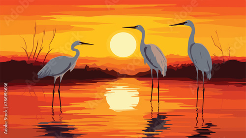 Three large white birds against the setting sun.  © Aina