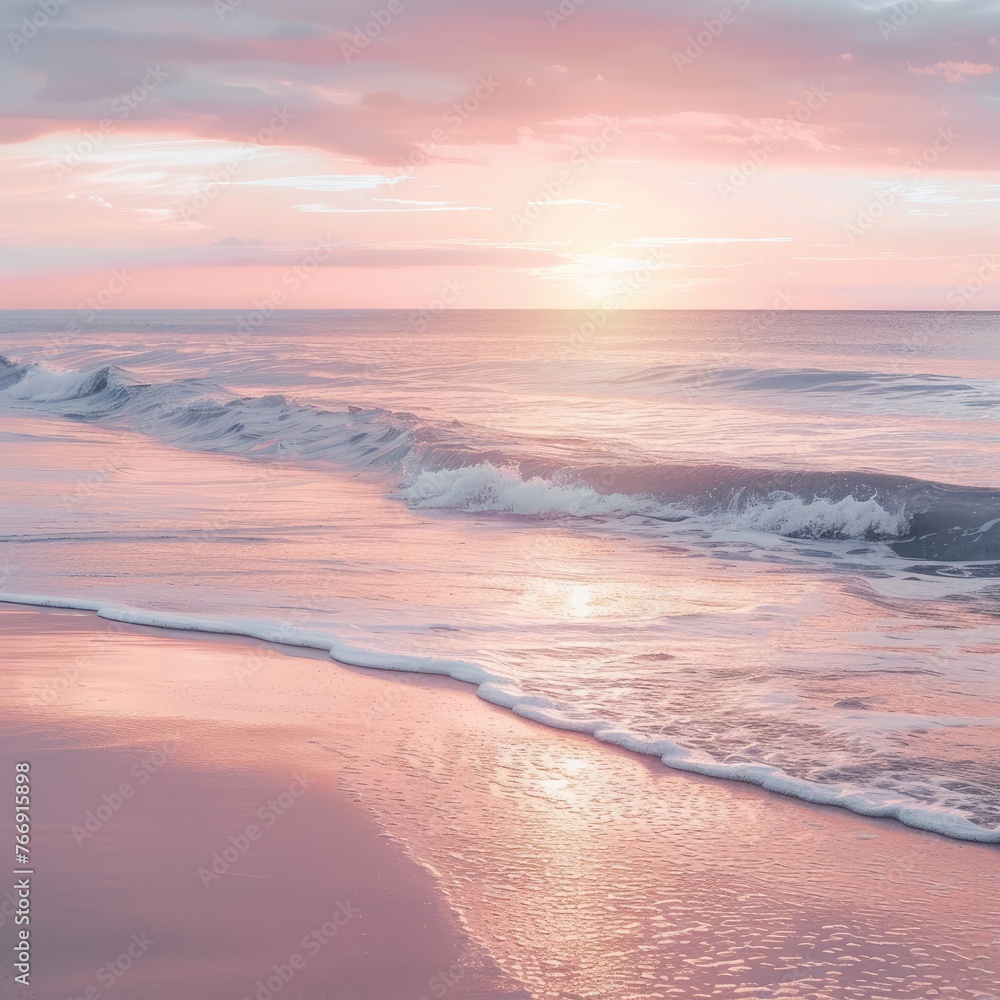 serene pastel sunset over a calm ocean with gentle waves lapping at a sandy shore