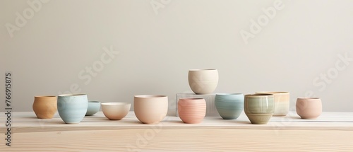 minimalist pastel still life showcasing a collection of pottery in muted colors on a light wooden table